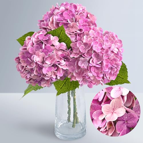 Pink Rose Red Hydrangea Artificial Flowers, Faux Hydrangea Flowers Outdoors, 21in Real Touch Latex Faux Hydrangea, Large Flower Head Fake Flowers for Outside Planters Front Porch Wedding Home Decor - color: Rose Red, size: 3pcs