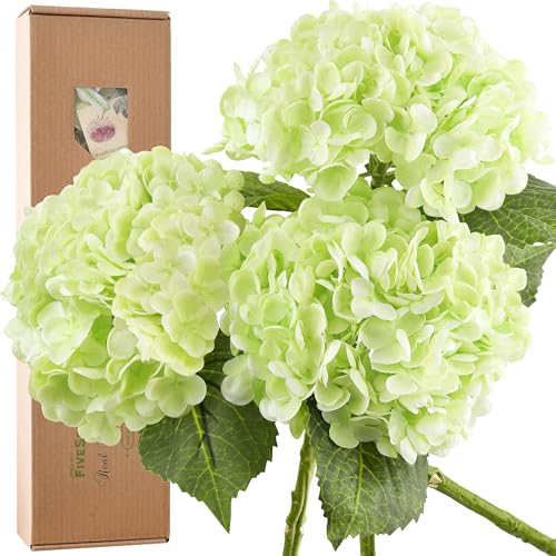 FiveSeasonStuff Fresh Lime Green Hydrangeas – 3 Stems Real Touch Artificial Flowers with Soft Petals for DIY Bouquets, Table Centerpieces, and Home Decor – Lifelike Faux Blooms in Gift Box - color: Lime Green (3 Stems)