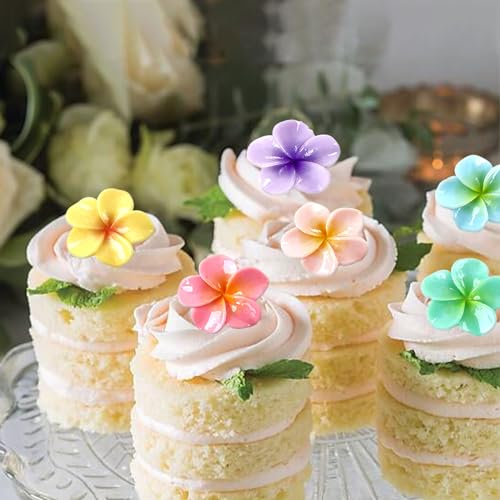 24Pcs Colorful Resin Frangipani Cupcake Toppers Hawaii Flowers Table Confetti for Floral Bridal Engagement Wedding Anniversary Party Hawaii Baby Shower Birthday Cupcake Picks Supplies - color: Frangipani