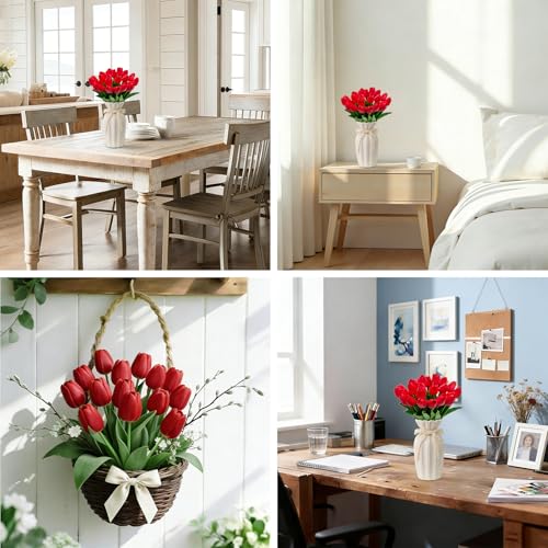 25Pcs Tulips Artificial Flowers, Faux Tulips Artificial Tulips Real Touch Tulip Fake Flowers Bouquets for Spring Wedding Home Kitchen Office Party Decor (Red) - color: Red
