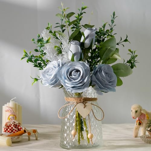 Fake Flowers with Vase Silk Rose Flowers in Vase Eucalyptus Flowers Arrangement Suitable for Home Office Decoration, Dining Table Centerpiece (Rose-Blue) - color: Rose-blue