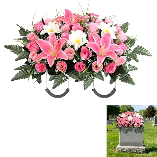 Cemetery Flower Saddle - Grave Flowers for Cemetery,Artificial Rose, Lily & Orchid Arrangement for Headstone - All-Weather Grave Decor for Outdoor Tombstone Headstone Decorations (Pink) - color: Pink