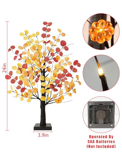 Uieke 24inch Artificial Fall Eucalyptus Tree Prelit 48 LED Tabletop Fall Tree with 12 Pumpkin Lights Battery Operated with Timer, Fall Decorations for Home Thanksgiving Halloween Decor - style: 24inch Fall Tree(2Pack)