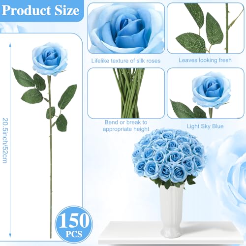 150 Pcs Roses Artificial Flowers, Silk Light Sky Blue Artificial Flowers Petals Long Stem Roses for Wedding Bouquet Home Party Decor - color: Light Sky Blue