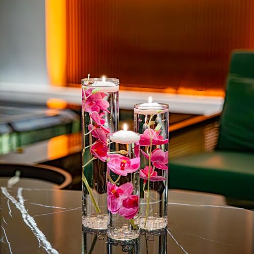 Floating Flower for Table Centerpiece Artificial Light Purple Orchid Glass Cylinder Vase Set with Floating Candles Fake Ice Cubes for Wedding Party Home Bar Restaurant Festival Decoration - color: Purple