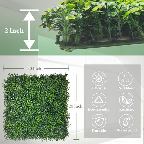 Artificial Boxwood Panels: 20"x 20"(16P) 4-Layer Leaf UV-Protected Grass Wall Backdrop Panels for Outdoor, Indoor, Garden&Fence Covering Privacy, Backyard and Decor - size: 20"x20" (16)