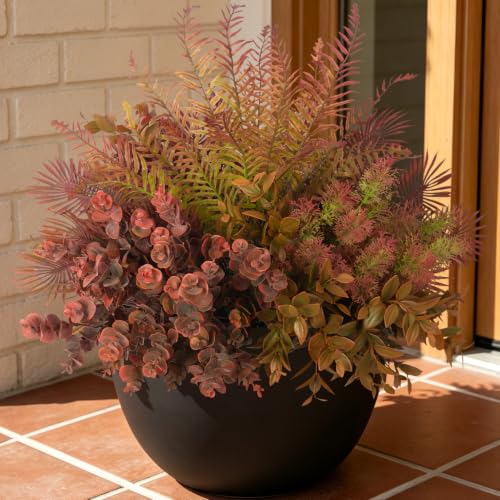 Hrobek 8 Bundles Fall Outdoor Faux Fake Plants UV Resistant | Realistic Artificial Boxwood Foliage Misty Fern Eucalyptus for Patio Garden Front Porch Decor Weatherproof for Outside - color: Fall Mix Greenery