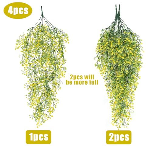 RECUTMS 4Pcs Artificial Hanging Ferns Plants with 30 Lights Fake Ivy Vine Faux Greenery Garland for Porch Fence Patio Yard Wedding Party Indoor Outdoor Decorations (Yellow) - color: Yellow-light