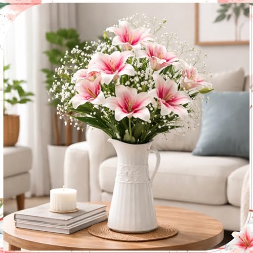 Giegxin 18 Pcs Artificial Pink Lilies with Baby's Breath, Latex Fake Tiger Lily Bouquet for Spring Home Church Wedding Decorations, Faux Gypsophila Floral Arrangement - color: Pink, White, style: Lily, Babys Breath