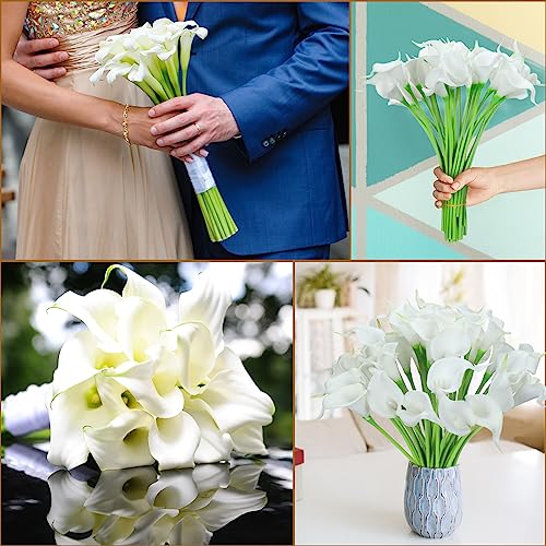 Crowye 100 Pcs Calla Lily Artificial Flowers Bulk 14 Inch Comfortable Touch Calla Lily Bridal Wedding Bouquet Faux Artificial Flower for DIY Wedding Bridal Centerpiece Party Decor (White)