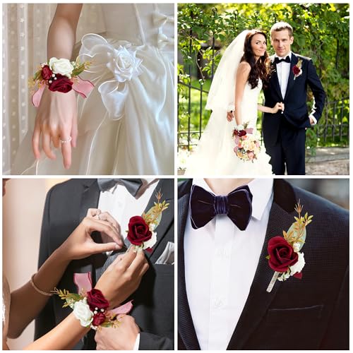 SITUMEIZI 2Pcs Wine Red Corsage and Boutonniere Set Wrist Corsage Bracelets and Boutonniere for Men Wedding Prom Party Suit Decor - color: Wine