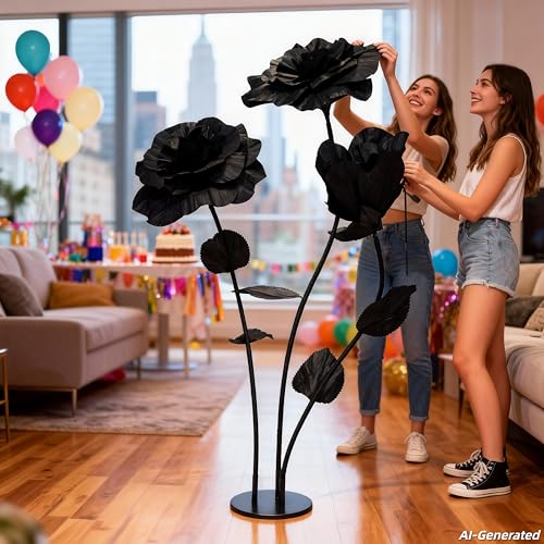 Giant Artificial Rose Decor, Oversized Standing Flower for Wedding Receptions, Photo Shoots, Parties & Romantic Spaces (Black) - color: Black