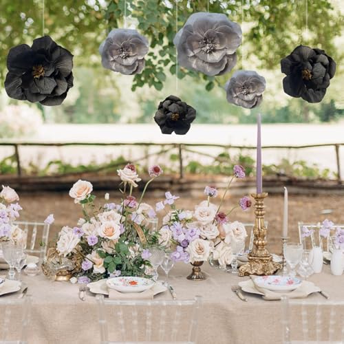 BRT Bearingshui Crepe Paper Flowers Decoration for Wall Total 6 Pcs, Artificial Flowers for Wedding Decor,Flower Backdrop Decor, Baby Bridal Shower Birthday Party, Silver Black 3D Wall Flowers Decor - color: Silver Black