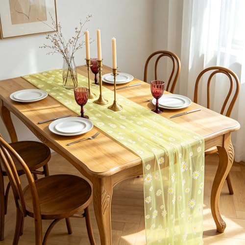 Daisy Gauze Table Runner 120 Inch 10FT, Floral Flower Tulle Table Runner Seasonal Kitchen Dining Table Decorations for Party Wedding Christmas Holiday Birthday (Yellow) - color: Yellow