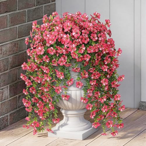GLIDLION 4 PCS Artificial Morning Glory & Eucalyptus for Outside, Realistic Sun Resistant Fake Silk Hang Flower Faux Eucalyptus Leave for Patio Farmhouse Garden Porches Balcony Decor (Rose Red) - color: Rose Red