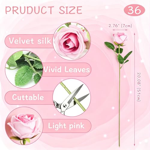 Rose Artificial Flowers Velvet Bouquet with Long Stem Real Touch Fake Roses Florals for Bridal Wedding Bouquet Party Arrangement Centerpiece Decorations (36, Light Pink) - color: Light Pink