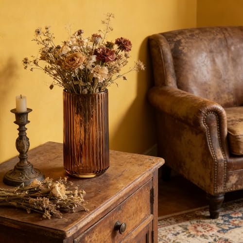 TIMEFOTO Flower Vase 7.5 inch Amber Thickened Hand Blow Glass Vase Round Vintage Striped Bottles for Bookshelf,Dinner Table,Indoor Office Desktop,Meeting Room,Bathroom,Countertop,Home - color: Glass Amber, size: 7.5 inch