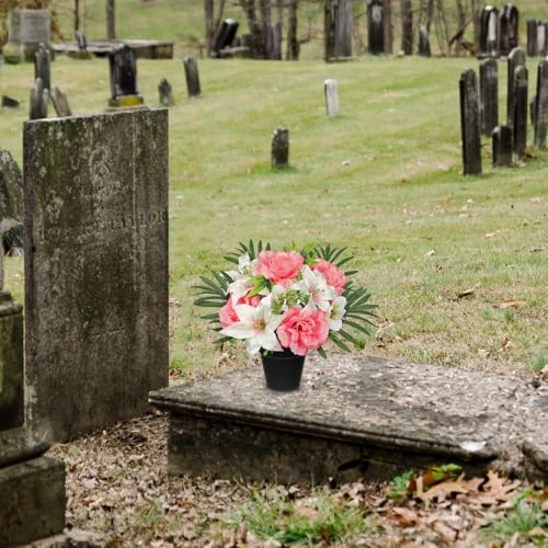 Hollyone Artificial Cemetery Flower for Graves, White Pink Faux Lily Rose Flowers in Pot Silk Cemetery Memorial Flowers for Outdoors Gravesites Headstones Home Decoration - color: Pink-rose Lily