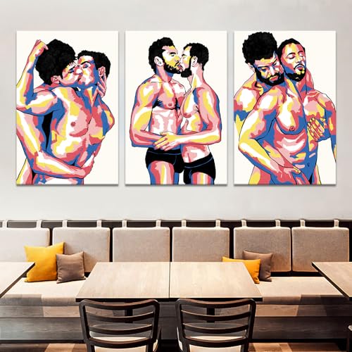Large Size 3 Panels Sexy Men Gay Wall Art Canvas Paintings Colorful Nordic Sexy Home Wall Decoration Poster for Living Room Bedroom Wooden Inner Framed Ready to Hang-24x36 inch x 3pcs - color: Art08, size: 24x36x3pcs