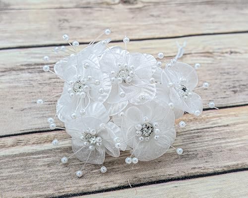 72PC Artificial Organza Flower Rhinestone Pick for Home Craft Decor DIY Wedding Bridal Veil Headband Dress Cake Topper Embellishment Scrapbook Favor Corsage Floral Bouquet Arrangement (White) - color: White