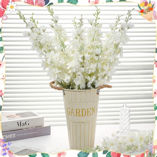10 Pcs Delphinium Artificial Flowers for Decoration, 33.86 Inch Long Stem Larkspur Fake Flowers Light Blue Faux Silk Bouquets for Tall Vase Wedding Home Decor Floral Arrangements(White) - color: White, size: 33.86 inch
