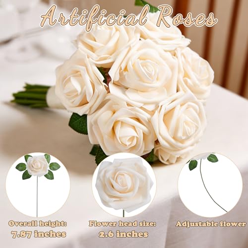 16 Pcs Fake Champagne Roses Artificial Flowers | Champagne Foam Roses with Stems, Artificial Flowers for DIY Wedding Bouquets, Centerpieces, Party, Home Decor - color: Champagne Flower
