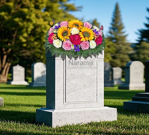 Artificial Cemetery Flowers Saddle and Headstone Flower Saddle -Pink Roses Sunflower Hibiscus Mix Bouquet, Sympathy & Memorial Flower