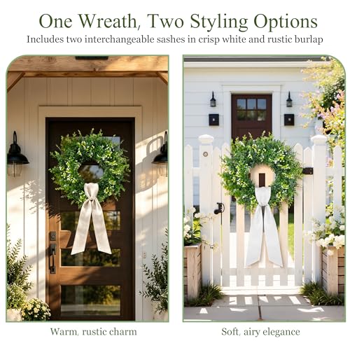 26 Inch Large Artificial Boxwood Wreaths for Front Door All Season, Eucalyptus Wreath with 2 Sashes, Baby's Breath and Flower Buds, Summer Farmhouse Greenery Decor for Outdoor, Porch, Home