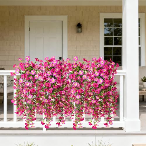 Artificial Hanging Flowers Plants for Outdoor Spring Summer Decoration, 2PCS Faux Silk Morning glory UV Resistant Look Real for Outside Home Indoor Planter Porch Garden Yard Decor(Purple Red Pink) - color: Purple Red Pink
