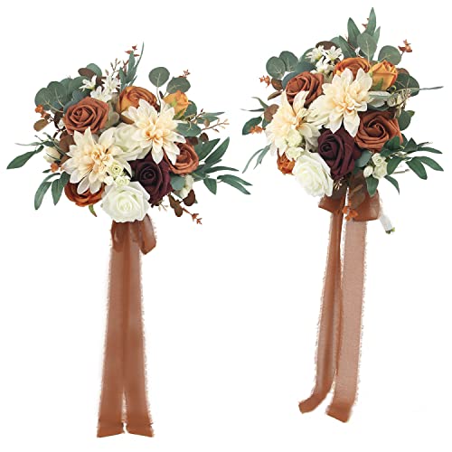 Rinlong Burnt Orange Bridesmaid Bouquet, Fall Wedding Bouquets, Terracotta - color: 15-burnt Orange & Champagne