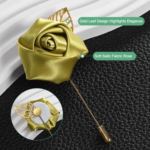 M METERXITY 12-Pack Flower Lapel Pins for Men, Golden Leaf Rose Boutonnieres Pin for Wedding/Dance/Party, Mens Lapel Pins for Suits Satin Flower Corsage Hat Pins [Gold] - color: Gold