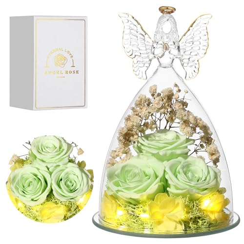 Mothers Day Rose Gifts for Women Preserved Flowers in Glass Angel Forever Flowers Gifts Eternal Roses Gifts for Grandma, Green - color: Green