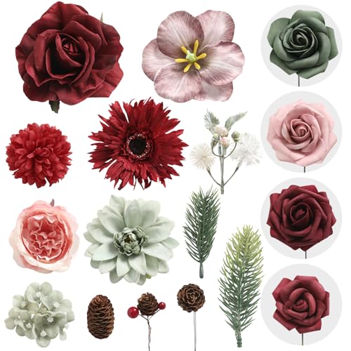 YYHUAWU Artificial Christmas Flowers Combo Box Set Fake Flowers Leaf with Stems for DIY Tree Ornaments Xmas Wreath Floral Arrangements Centerpieces - color: Chrismas Pink＆red