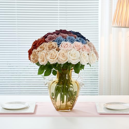 50pcs Beige Roses Artificial Flowers Bulk Fake Roses Silk Flower with Stems Realistic Flowers for Wedding Centerpiece Party Birthday Decor - color: 50pcs Beige