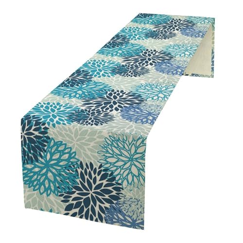Blue Floral Table Runners Boho Dahlia Chrisanthemum Flowers for Dining Room Dinner Runner Kitchen Indoor Outdoor Patio Party Decor Fabric 1 Panel W13xL36in - color: Flower-4, size: 13"W x 36"H