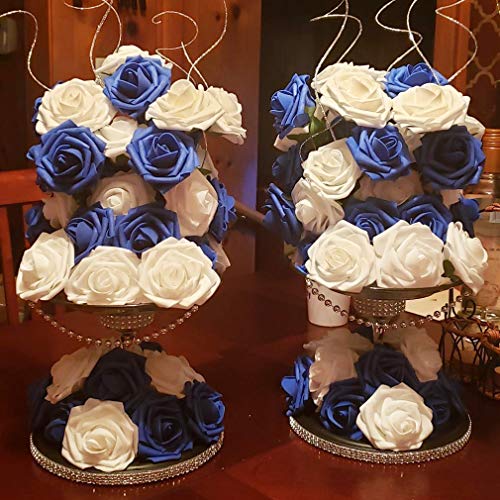 Higfra Artificial Flowers 25pcs Real Looking Royal Blue Foam Fake Roses with Stems for DIY Wedding Bouquets White Bridal Shower Centerpieces Arrangements Mothers Day Party Tables Decorations - color: Royal Blue, size: 25Pcs