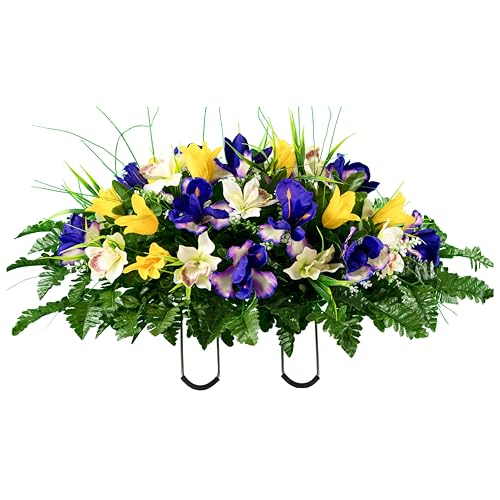 Sympathy Silks Artificial Cemetery Flowers - Grave Decoration - Yellow Tulip and Purple Iris (1) Headstone Saddle - color: Yellow/Purple, size: (1) Saddle