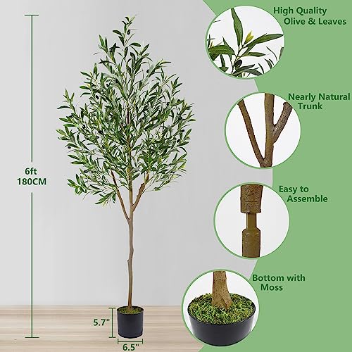 Warmplants Artificial Olive Tree, 6ft Tall Fake Olive Leaves Plant with Basket, Indoor Outdoor Faux Olive Topiary Silk Tree for Home Livingroom Office Décor - size: 6ft