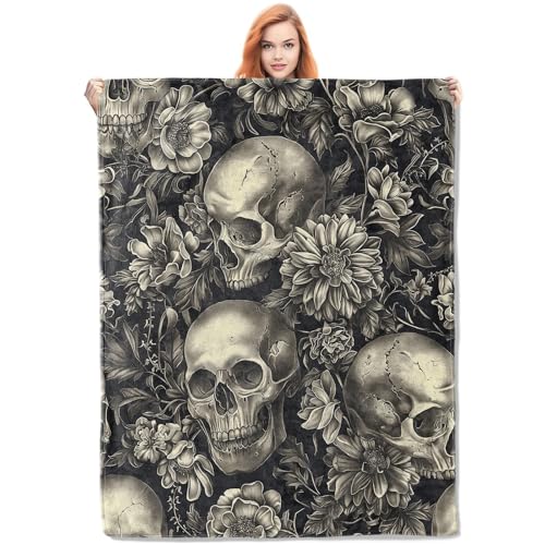 Gothic Garden Skull Fleece Blanket Gifts, Dark Floral and Skeleton Design, Soft Throw 60x80 inches, Elegant Home Halloween Decor - Black and White - color: Color445, size: 60"x80"