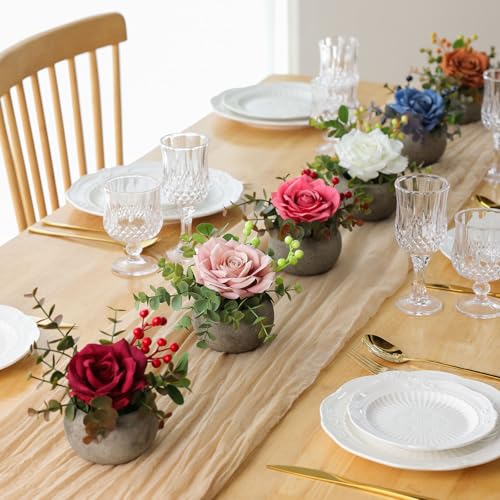mizii DIY Small Artificial Flowers Potted Kit Fake Flower Realistic Silk Rose and Greenery with Vase for Gifts Table Centerpiece Mantle Office Desk Shelves Living Room Decorations (White) - color: White