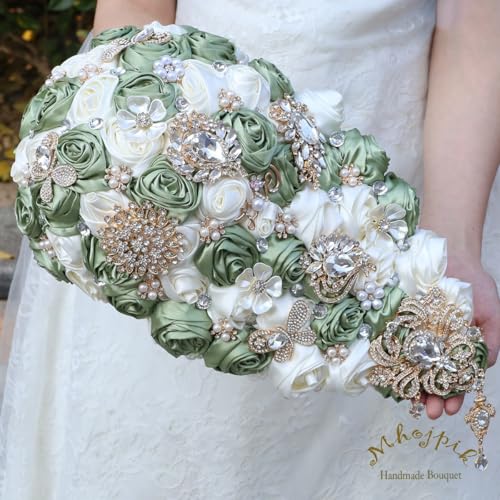 Luxury Cascade Bridal Wedding Bouquet Satin Rose Waterfall Holding Bouquet Artificial Flower Bunch for Bride Bridesmaid(Sage Green & Ivory, 15" x 7.5") - color: Sage Green & Ivory, size: 15"L x 7.5"W(38cm x 19cm)