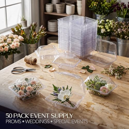 Royal Imports 50 Pack Clear Plastic Flower Box for Corsage, Boutonniere, Rose, Orchid Prom Wedding Craft Container 6x5x4