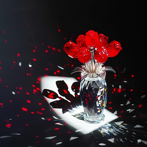 H&D HYALINE & DORA Crystal Rose Flower Figurine,Glass Flower Bouquet Ornament,Glass Rose Gift for Christmas Mother's Day Valentine's Wedding Party - color: Red 1