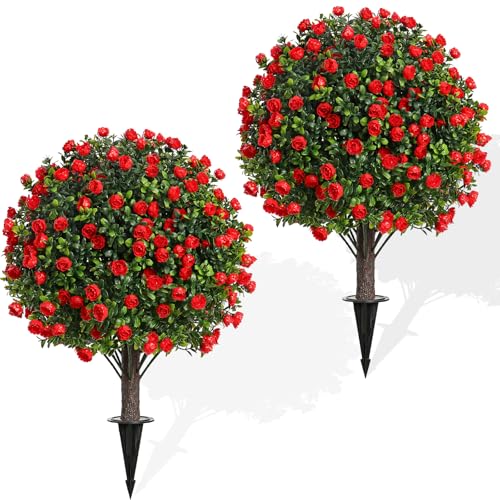 Artificial Rose Topiary Trees, 22 Inch UV-Resistant Red Flowers, Set of 2 with Ground Stakes, Indoor Outdoor Decorative Plants (2, Red Rose) - color: Red Rose