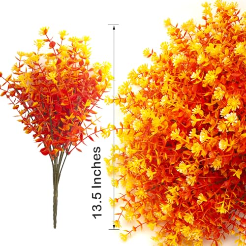 Grunyia 12 Bundles Artificial Fall Flowers No Fade Faux Autumn Plants, Fake Indoor Outdoor Greenery Decorations for Thanksgiving Christmas Wedding Party Home Garden Fireplace Décor (Fall Orange) - color: Fall Orange