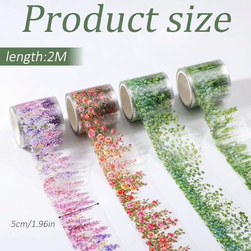 4 Rolls Floral Washi Tape, PET Rose Vine Flower Tape Stickers for Journaling, Colorful Self-Adhesive Green Leaf Decorative Tapes for Crafts Scrapbook Journal Notebook Gift Wrap Photo Album