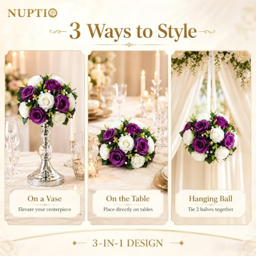 NUPTIO Flower Balls Centerpieces for Tables: 6 Pcs Purple White Fake Roses | for Wedding Party Table Centerpiece - Artificial Flower Arrangements for Birthday Quinceanera Decorations - color: Purple & White, size: 6 Pcs