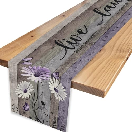 Daisy Floral Table Runner, Rustic Purple Wild Flowers Wooden Boho Spring Butterfly Coffee Table Center Decor for Family Kitchen Outdoor Farmhouse Holiday Party Table Decorations, 13"x36" - color: Daisy-5, size: 13“ X 36"