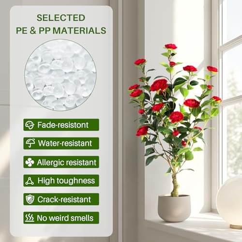 Artificial Camellia Tree 2 Pack, 3FT Faux Camellia Plant in Pot, 36 inch Fake Potted Camellia Flower Tree Plastic Camellia Tree for Modern Home Office Christmas Living Room Floor Decor Indoor, Red - style: C-Camellias (36 inch-Red)