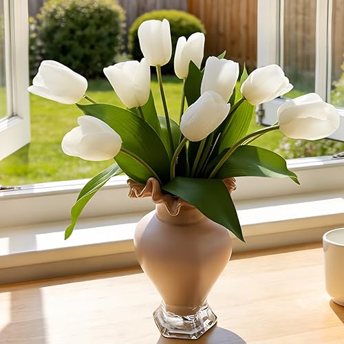 10 Stems Artificial Tulips Bouquet 14" Fake Tulips Flowers Realistic Faux Flowers for Wedding Home Party Decor Spring Decor Valentine's Day and Easter Decorations(White) - color: White